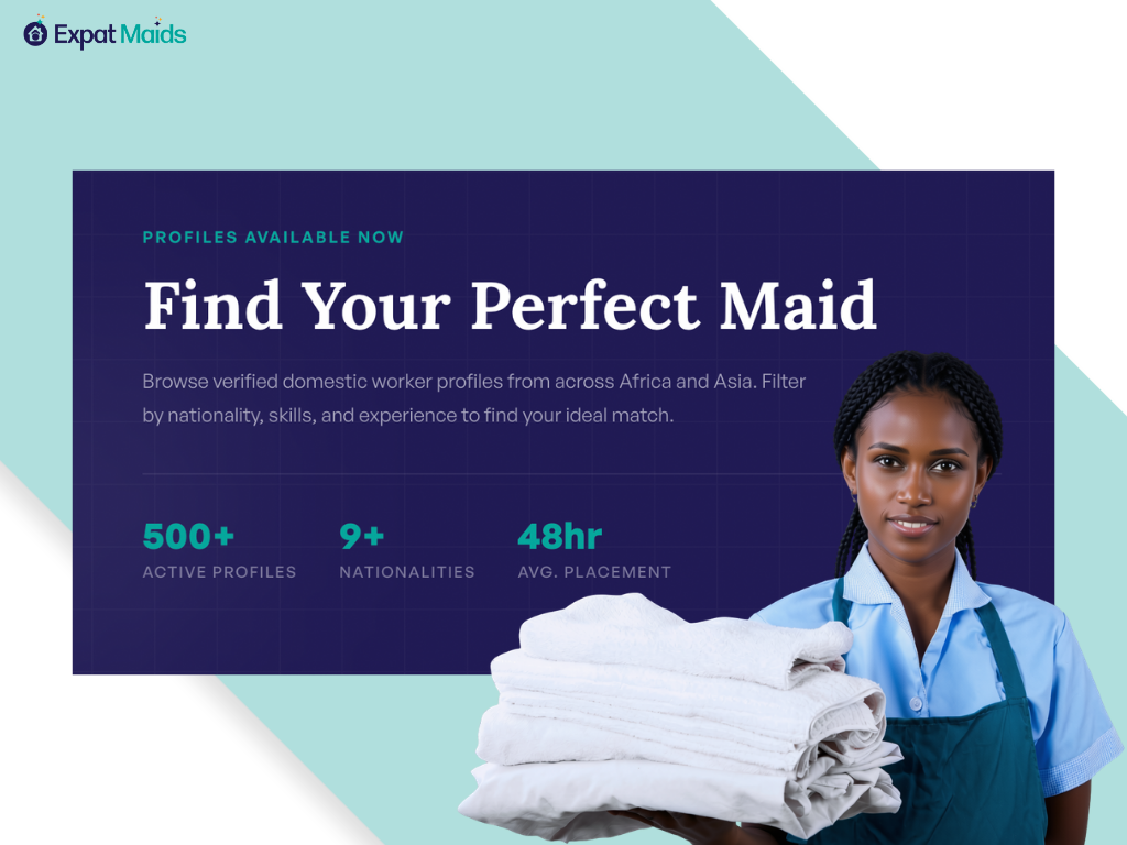 Expat Maids candidate profile graphic for households comparing domestic workers by nationality, skills and experience.